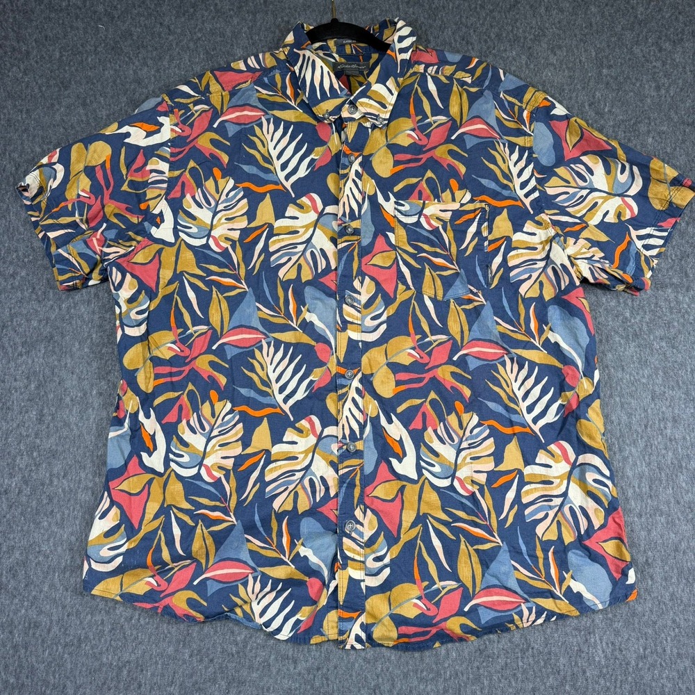 Eddie Bauer Shirt Mens 2XL Blue Tropical Monstera Leaf Classic Fit Button Down